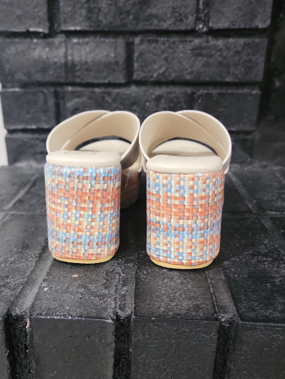 Cream Crisscross Platform Sandals with Multicolor Tweed Heel - Picture 4 of 9